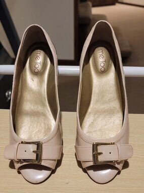Me Too Blush Nude Patent Peep Toe Wedge Heels - Buckle Detail - Size 6M